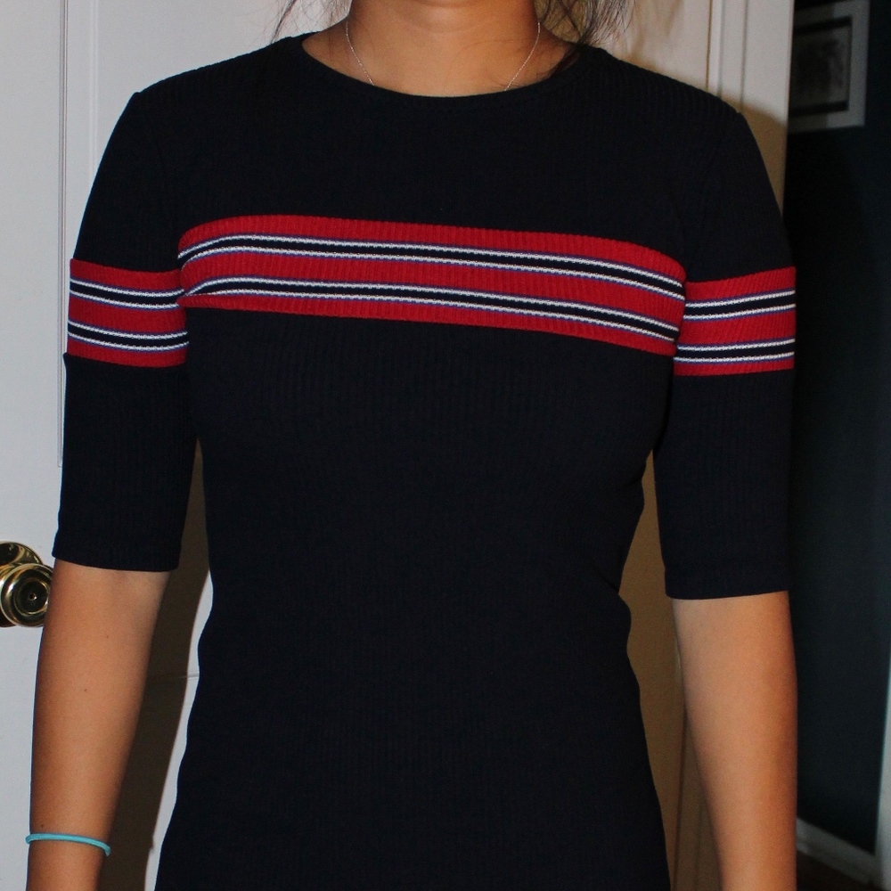 navy blue and red mini dress